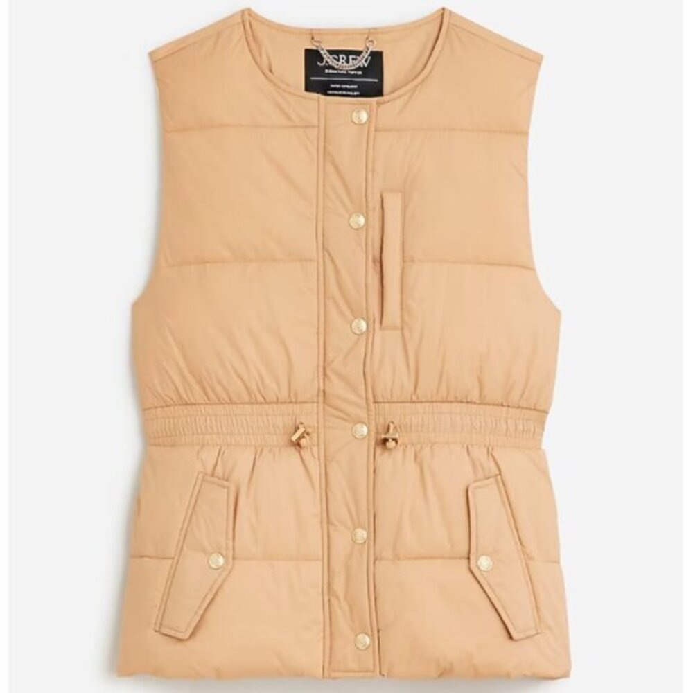 J. Crew Collarless Cinched-waist Puffer Vest with PrimaLoft in Tan Size Medium